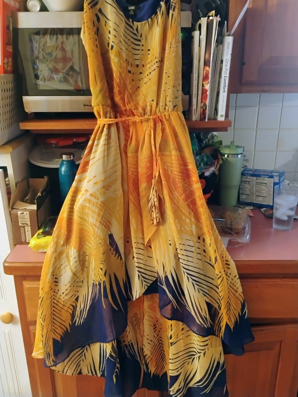 MSK Yellow & Navy Palm-Print High-Low Summer Dress